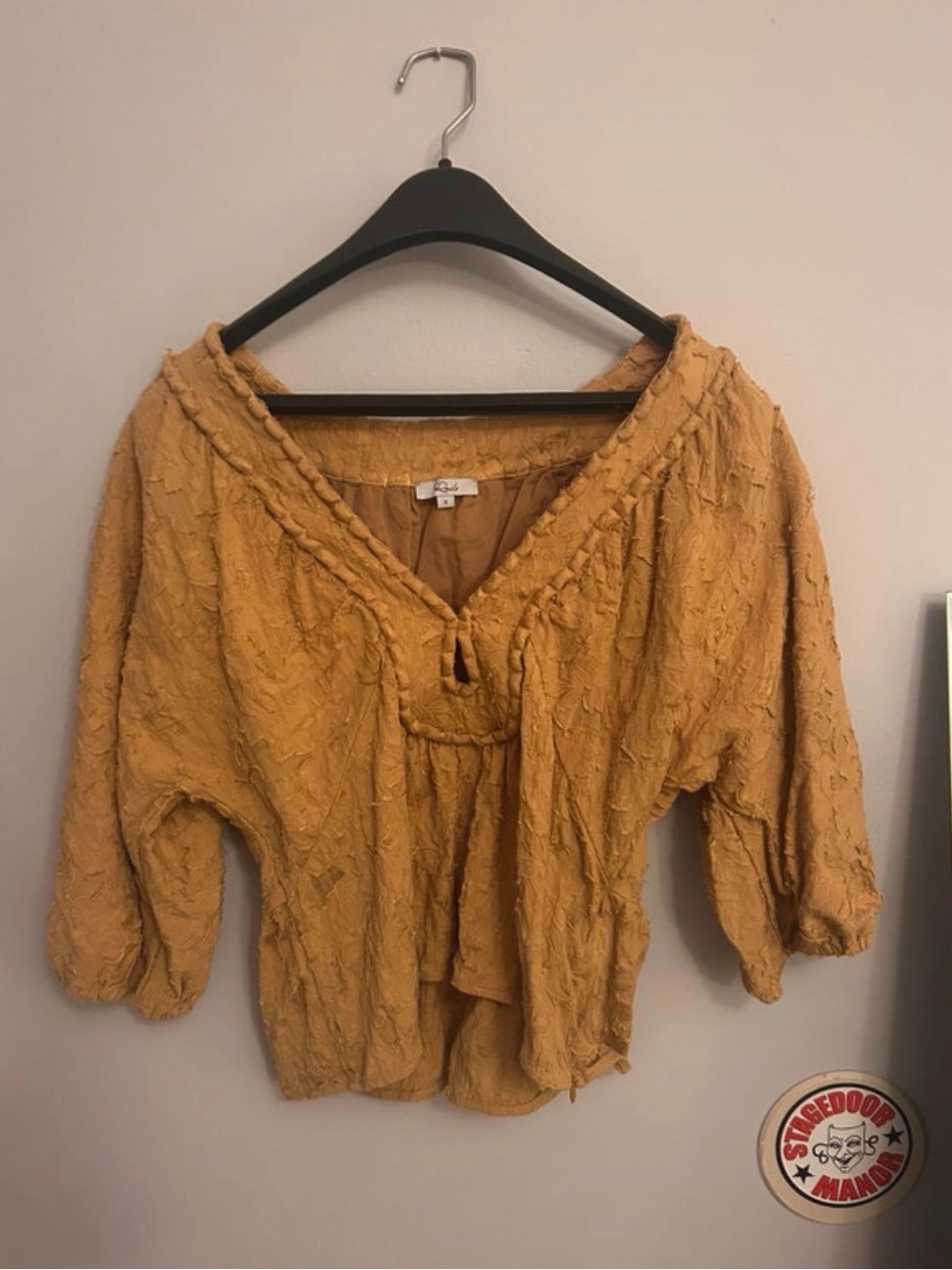 Free People Mustard Textured V-Neck Peasant Blouse